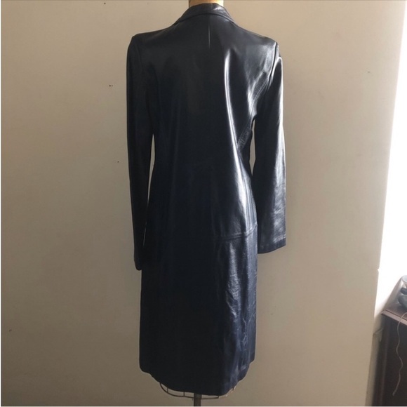 ISOFACE] Sheepskin Leather Navy Blue Tailor collar Single buttondown Long Coat - Picture 9 of 11